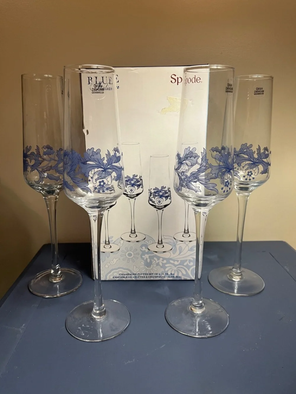Spode Blue Floral Champagne Flutes - Blue Pattern Set of 4